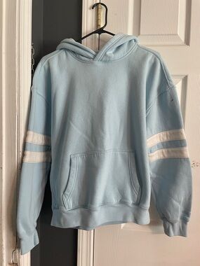 Hollister Light Blue Crewneck Hoodie with White Sleeve Stripes